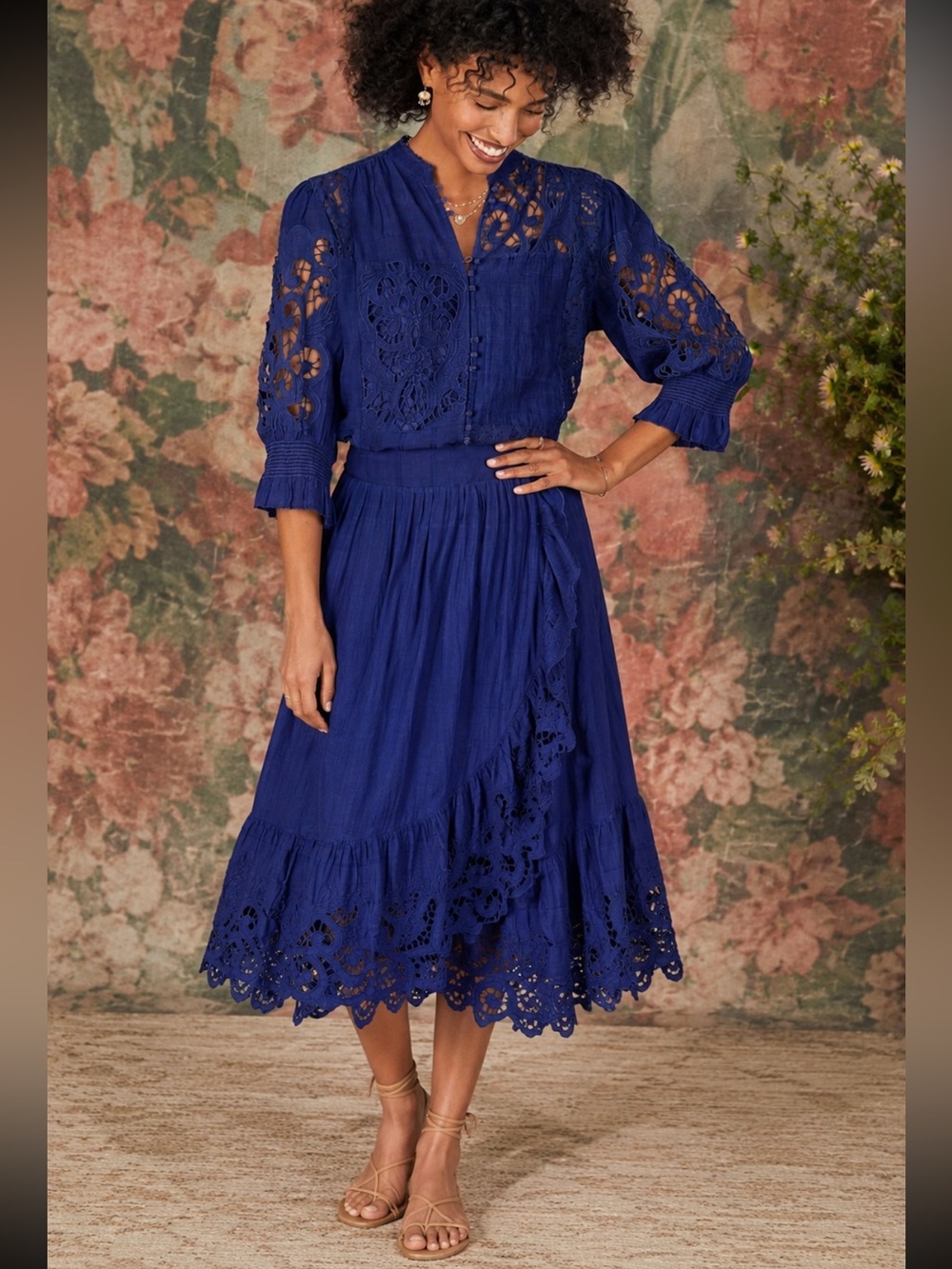 Sundance Laced Set Royal Blue Top Skirt Patchwork Smocked Puffed Sleeve Large